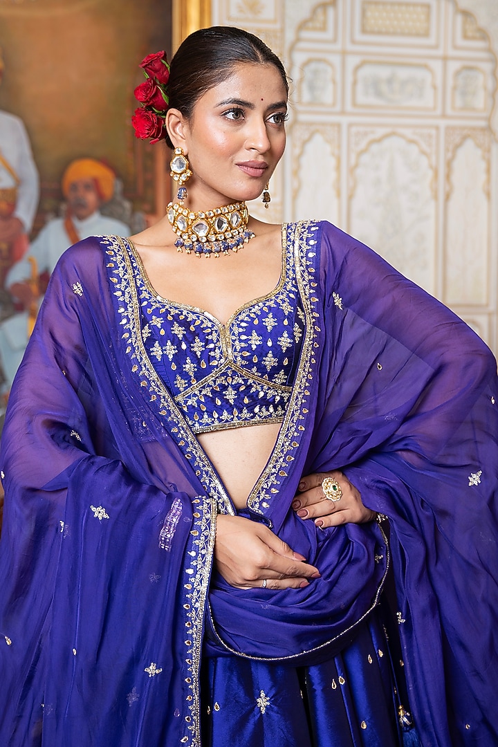 Jamuni Purple Taffeta Zari Embroidered Wedding Lehenga Set by Pomcha Jaipur at Pernia's Pop Up Shop