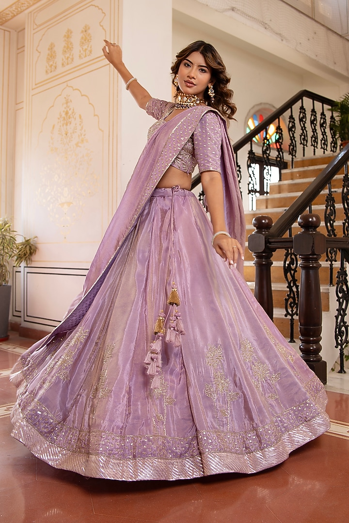 Lavender Cosmos Silk Hand Embroidered Wedding Lehenga Set by Pomcha Jaipur at Pernia's Pop Up Shop