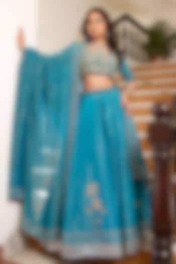 Blue Cosmos Silk Hand Embroidered Wedding Lehenga Set by Pomcha Jaipur at Pernia's Pop Up Shop