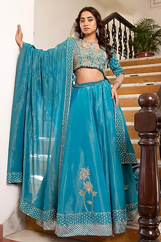 Blue Cosmos Silk Hand Embroidered Lehenga Set by Pomcha Jaipur