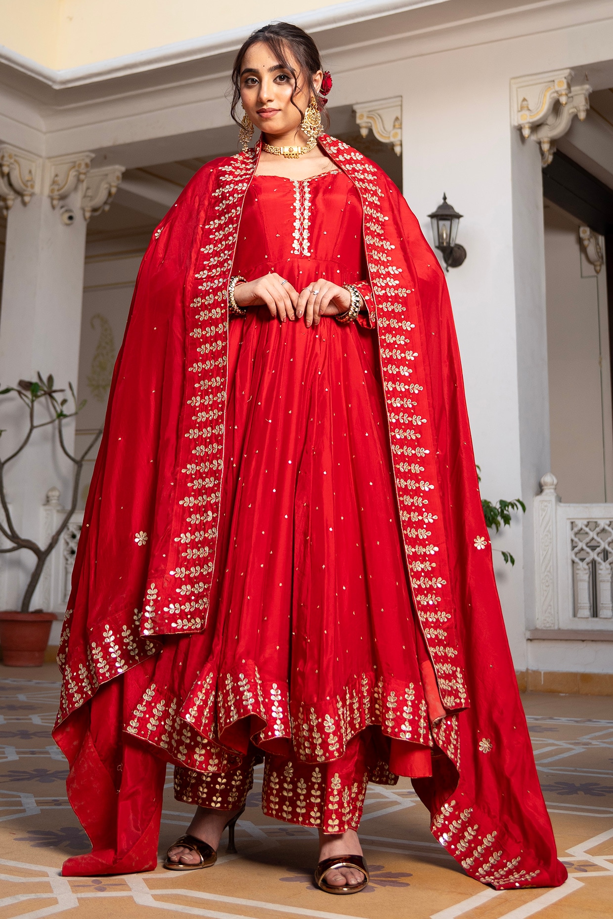 Pomcha Jaipur Red Silk Gota-Patti Embroidered Anarkali Set