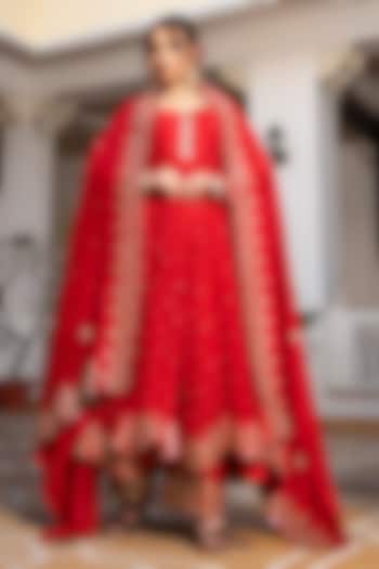 Red Silk Gota-Patti Embroidered Wedding Anarkali Set by Pomcha Jaipur at Pernia's Pop Up Shop