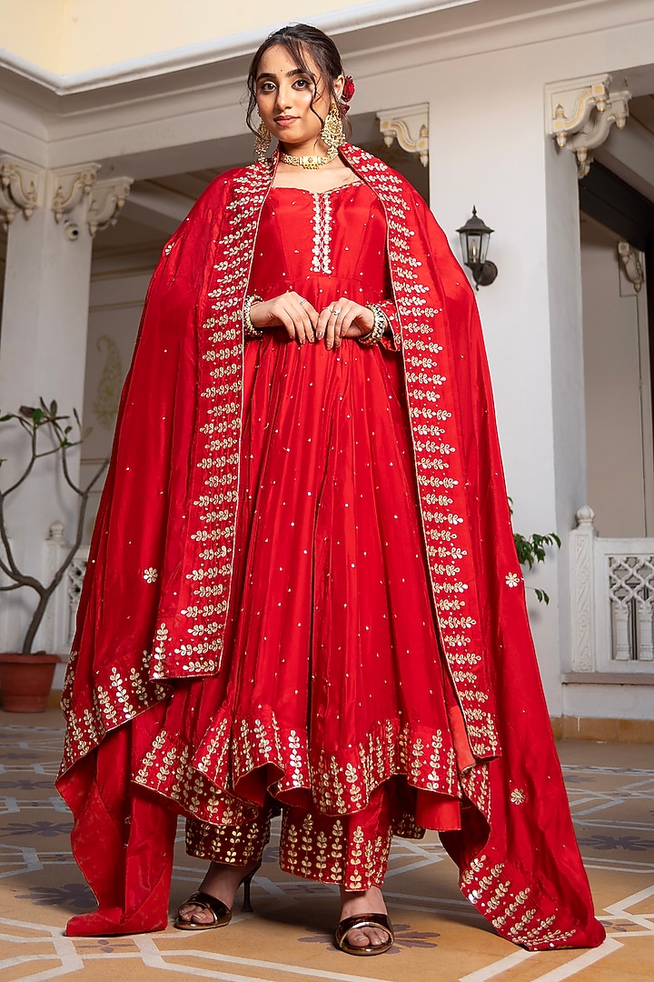 Red Silk Gota-Patti Embroidered Wedding Anarkali Set by Pomcha Jaipur at Pernia's Pop Up Shop