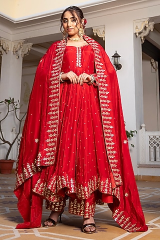 Red Silk Gota-Patti Embroidered Anarkali Set by Pomcha Jaipur