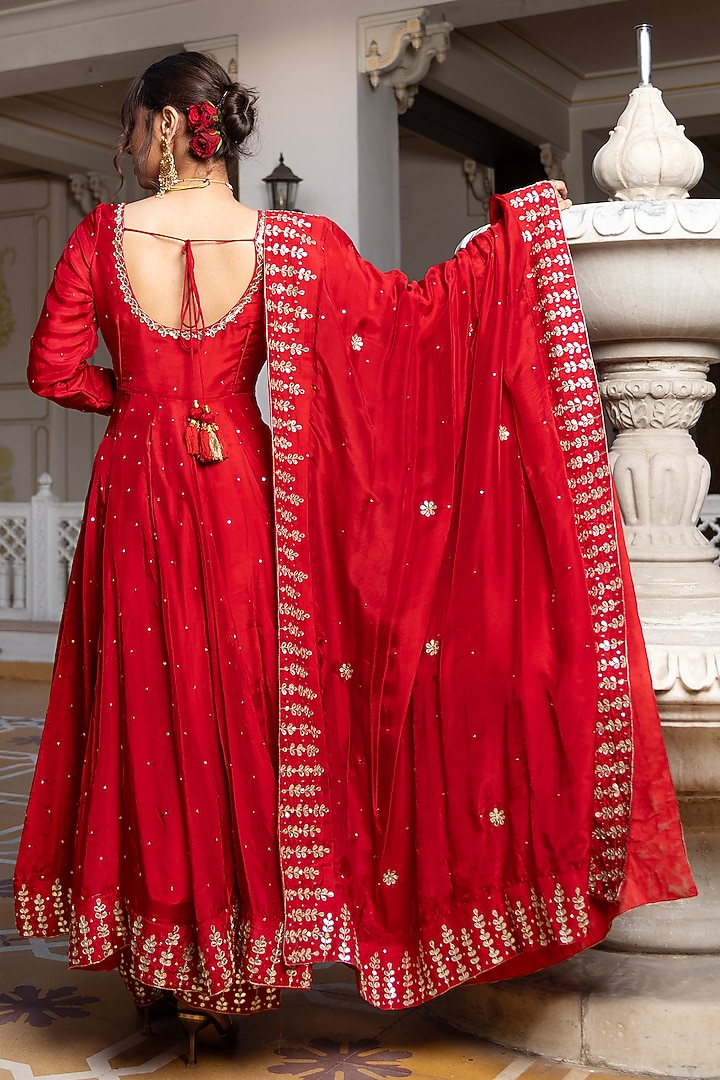 Red Silk Gota-Patti Embroidered Wedding Anarkali Set by Pomcha Jaipur at Pernia's Pop Up Shop