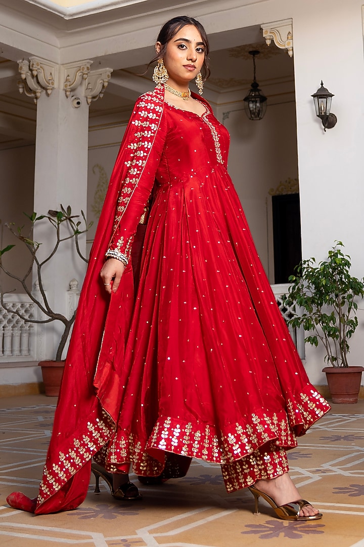 Red Silk Gota-Patti Embroidered Wedding Anarkali Set by Pomcha Jaipur at Pernia's Pop Up Shop