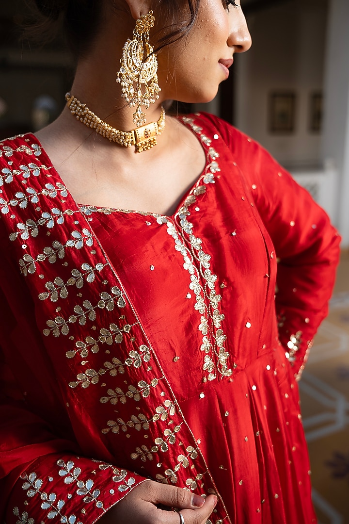 Red Silk Gota-Patti Embroidered Wedding Anarkali Set by Pomcha Jaipur at Pernia's Pop Up Shop