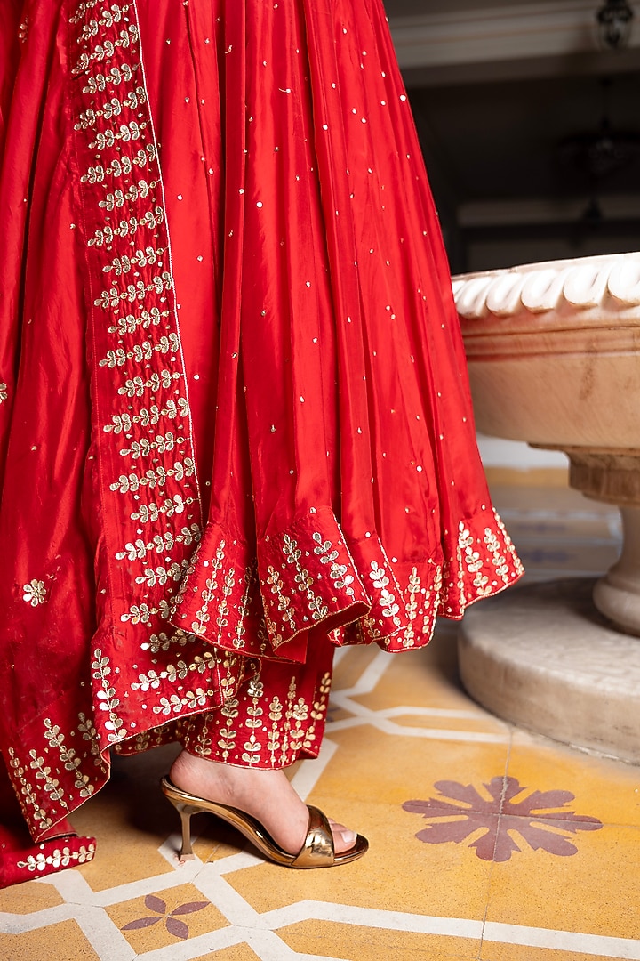 Red Silk Gota-Patti Embroidered Wedding Anarkali Set by Pomcha Jaipur at Pernia's Pop Up Shop