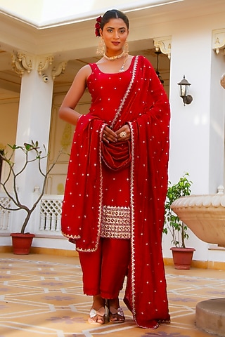 Red Silk Gota-Patti Embroidered Kurta Set by Pomcha Jaipur