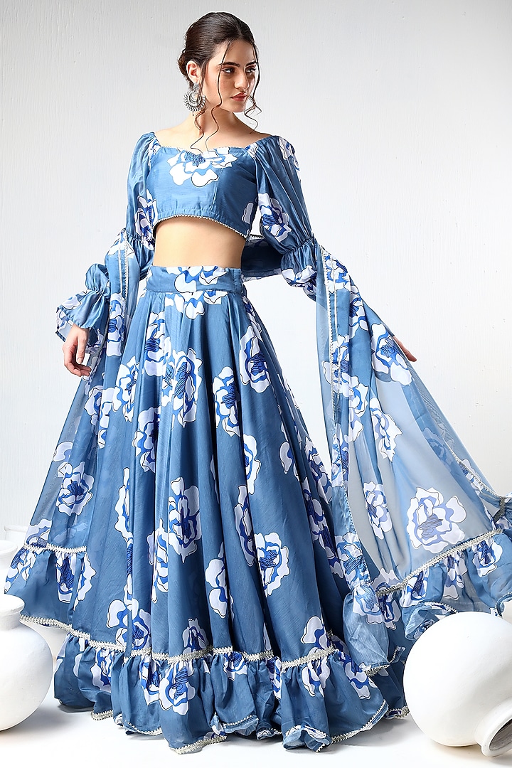 Blue Organza Printed & Gota Lace Work Lehenga Set by Pomcha Jaipur at Pernia's Pop Up Shop
