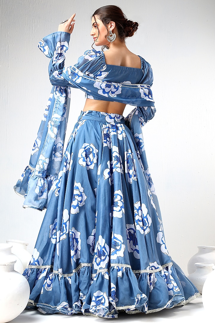 Blue Organza Printed & Gota Lace Work Lehenga Set by Pomcha Jaipur at Pernia's Pop Up Shop