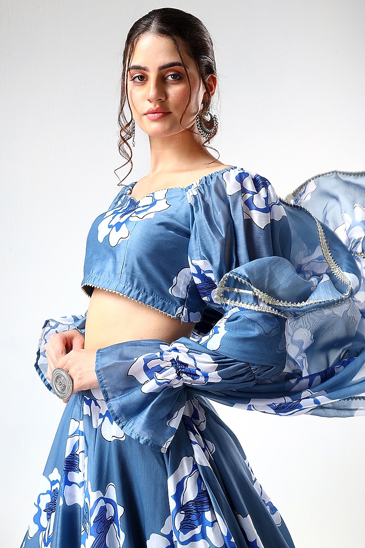 Blue Organza Printed & Gota Lace Work Lehenga Set by Pomcha Jaipur at Pernia's Pop Up Shop