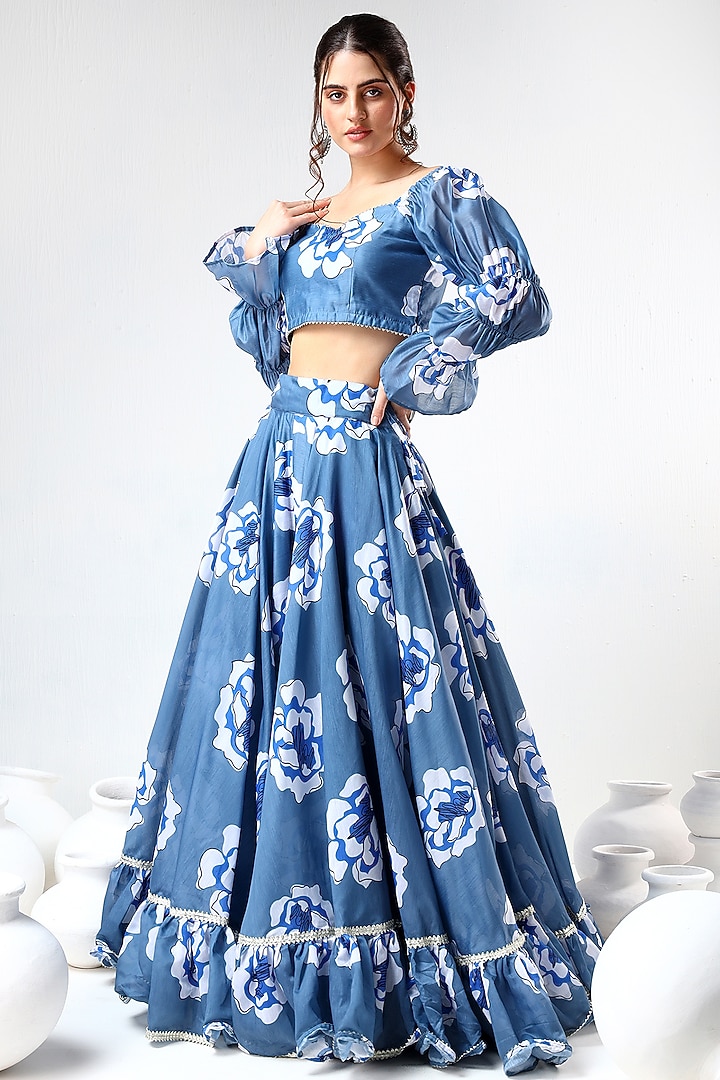 Blue Organza Printed & Gota Lace Work Lehenga Set by Pomcha Jaipur at Pernia's Pop Up Shop