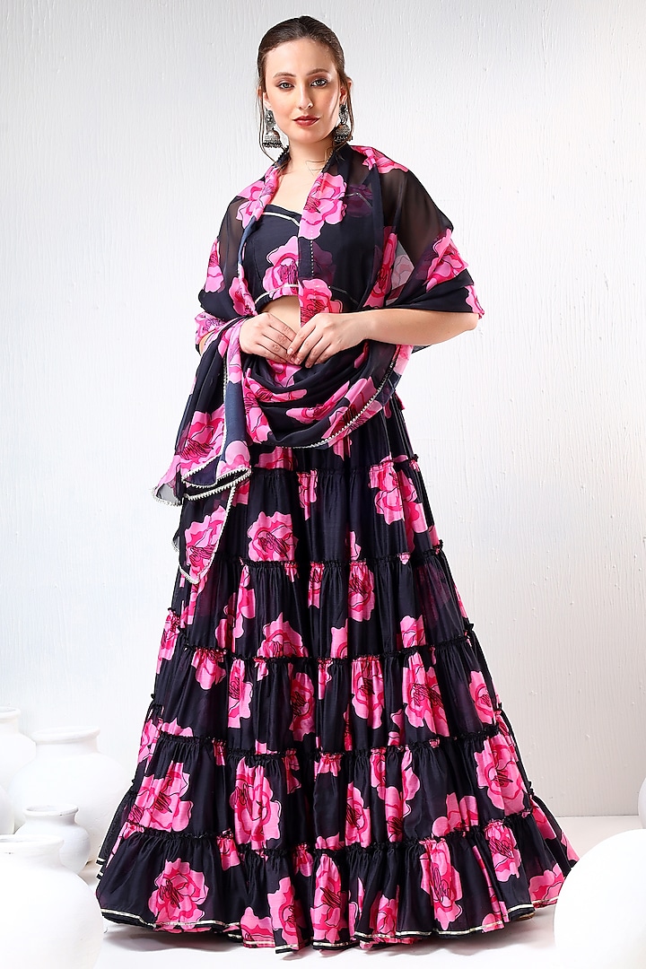 Black Organza Printed & Gota Lace Work Lehenga Set by Pomcha Jaipur at Pernia's Pop Up Shop