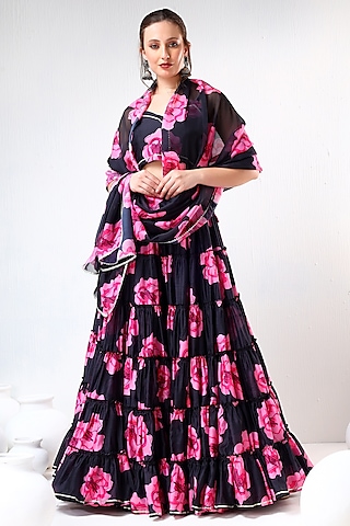 Black Organza Printed & Gota Lace Work Lehenga Set by Pomcha Jaipur