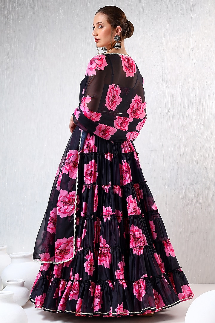 Black Organza Printed & Gota Lace Work Lehenga Set by Pomcha Jaipur at Pernia's Pop Up Shop