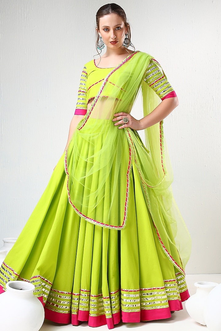Green Cotton Gota Lace Work Lehenga Set by Pomcha Jaipur at Pernia's Pop Up Shop