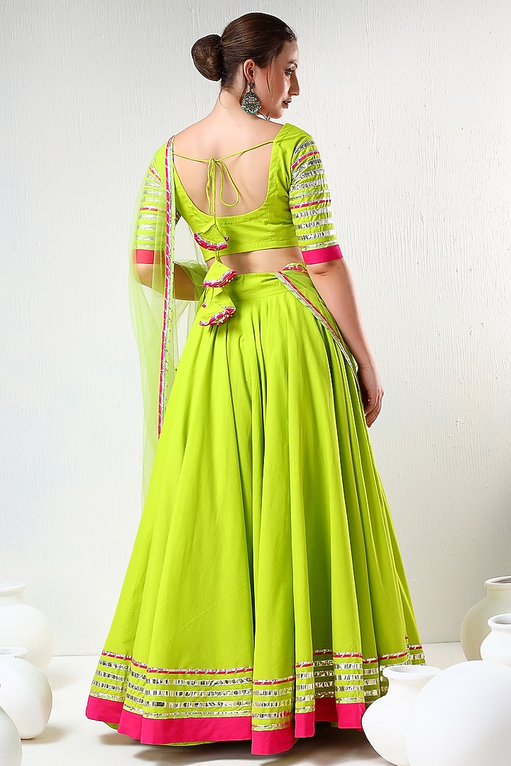 Green Cotton Gota Lace Work Lehenga Set by Pomcha Jaipur at Pernia's Pop Up Shop