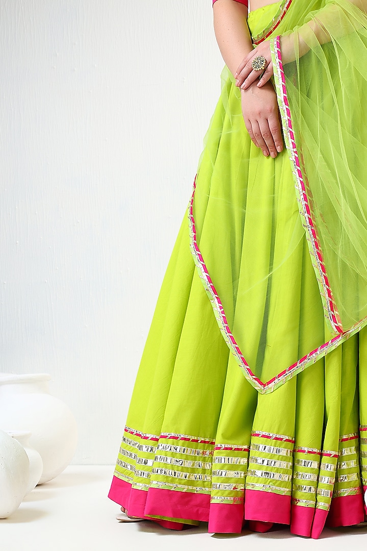 Green Cotton Gota Lace Work Lehenga Set by Pomcha Jaipur at Pernia's Pop Up Shop