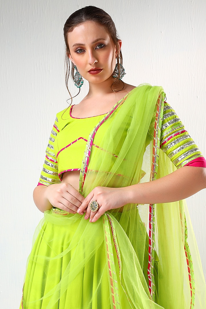Green Cotton Gota Lace Work Lehenga Set by Pomcha Jaipur at Pernia's Pop Up Shop