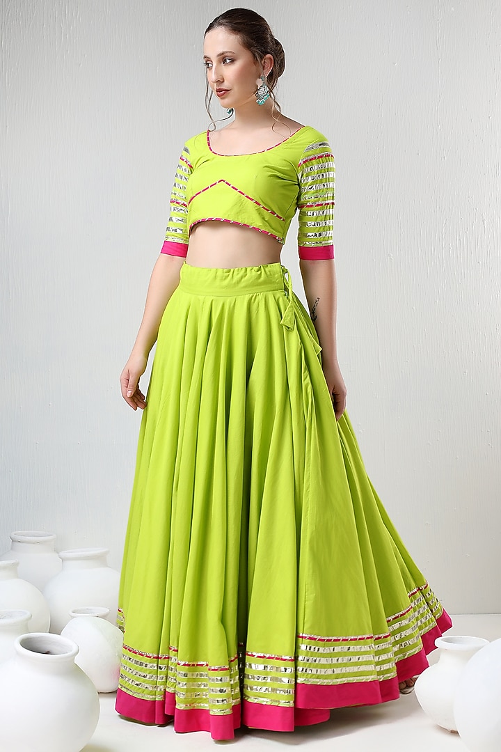Green Cotton Gota Lace Work Lehenga Set by Pomcha Jaipur at Pernia's Pop Up Shop