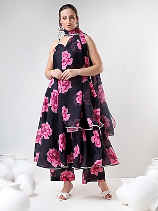 Black Organza Printed & Gota Lace Work Anarkali Set by Pomcha Jaipur