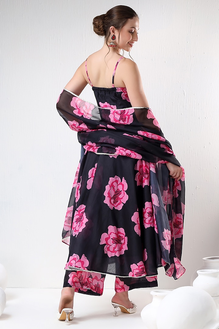 Black Organza Printed & Gota Lace Work Anarkali Set by Pomcha Jaipur at Pernia's Pop Up Shop