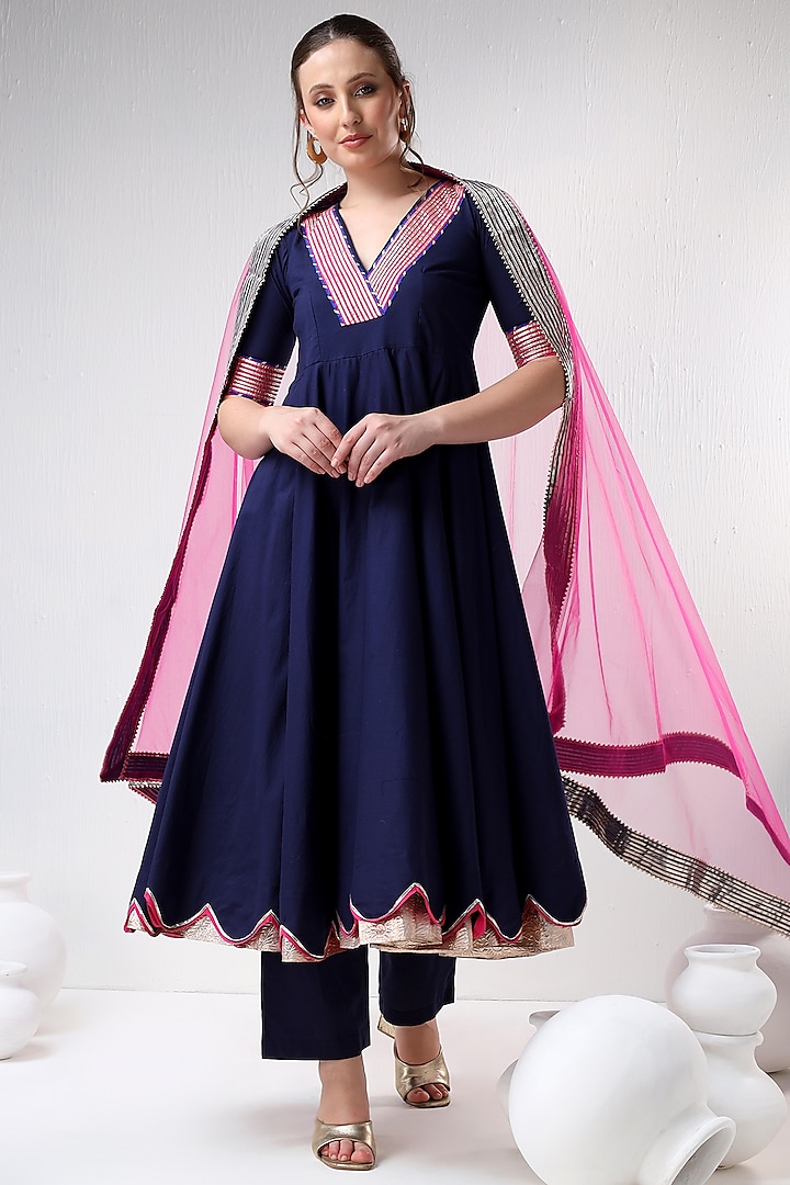 Blue Cotton Silk Gota Lace Work Anarkali Set by Pomcha Jaipur at Pernia's Pop Up Shop