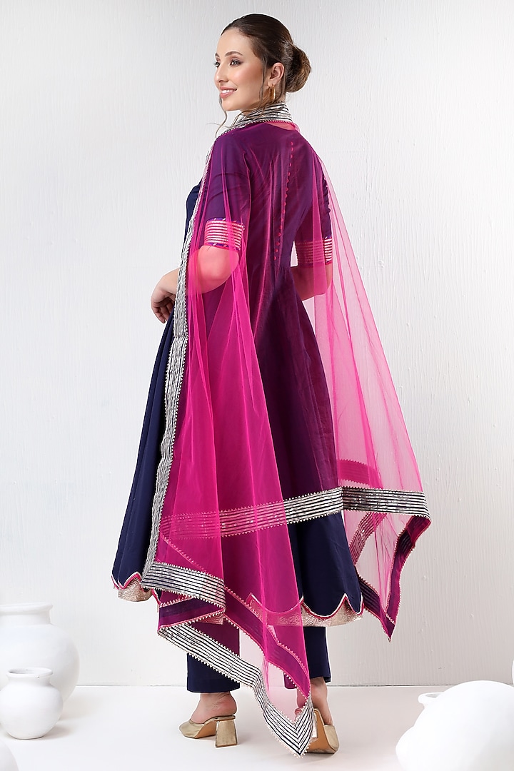 Blue Cotton Silk Gota Lace Work Party Wear Anarkali Set by Pomcha Jaipur at Pernia's Pop Up Shop
