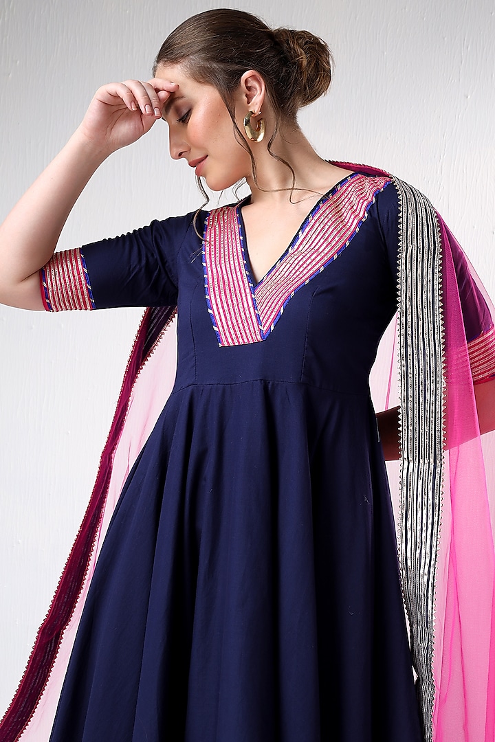 Blue Cotton Silk Gota Lace Work Party Wear Anarkali Set by Pomcha Jaipur at Pernia's Pop Up Shop