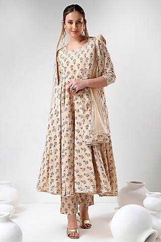 Beige Cotton Gota Lace Work & Floral Printed Anarkali Set by Pomcha Jaipur