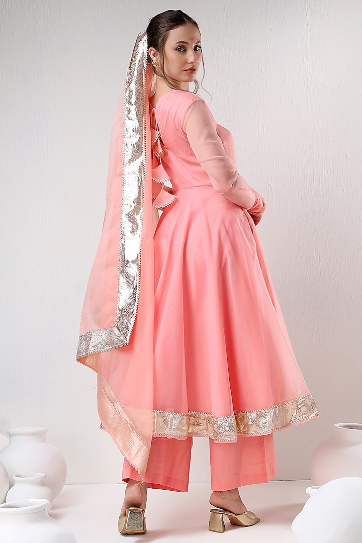 Peach Organza Gota Lace Work Anarkali Set by Pomcha Jaipur