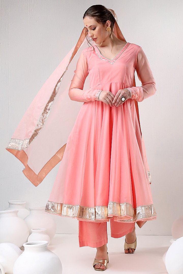 Peach Organza Gota Lace Work Party Wear Anarkali Set by Pomcha Jaipur at Pernia's Pop Up Shop