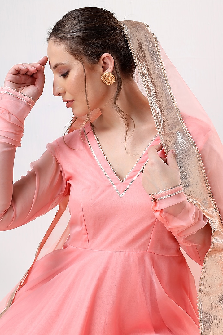 Peach Organza Gota Lace Work Party Wear Anarkali Set by Pomcha Jaipur at Pernia's Pop Up Shop