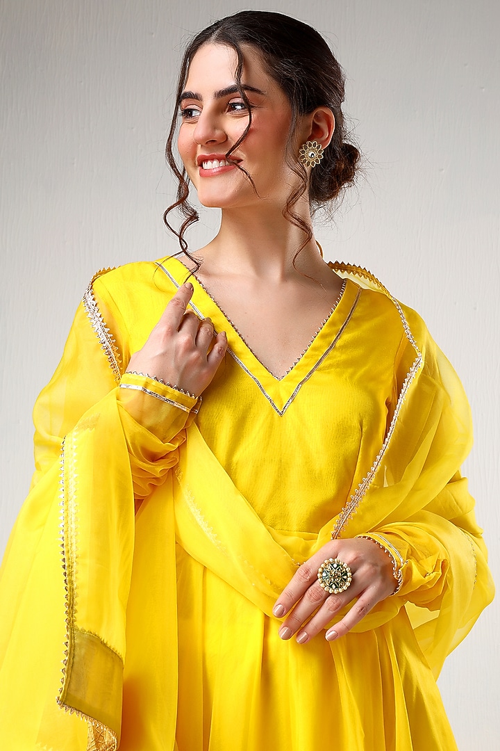 Yellow Organza Gota Lace Work Party Wear Anarkali Set by Pomcha Jaipur at Pernia's Pop Up Shop