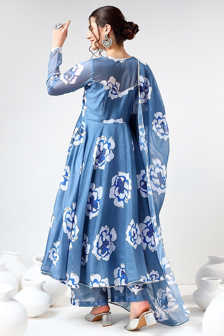 Blue Organza Printed & Gota Lace Work Anarkali Set by Pomcha Jaipur at Pernia's Pop Up Shop