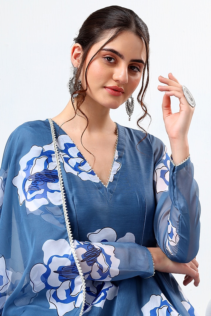 Blue Organza Printed & Gota Lace Work Anarkali Set by Pomcha Jaipur at Pernia's Pop Up Shop