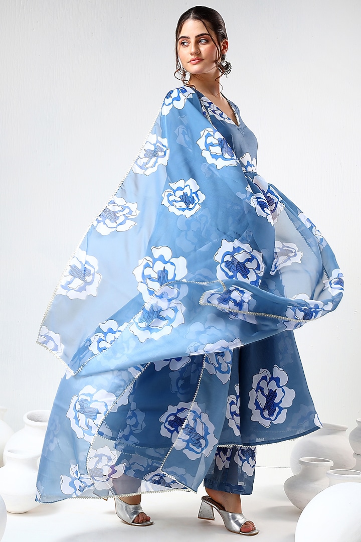 Blue Organza Printed & Gota Lace Work Anarkali Set by Pomcha Jaipur at Pernia's Pop Up Shop