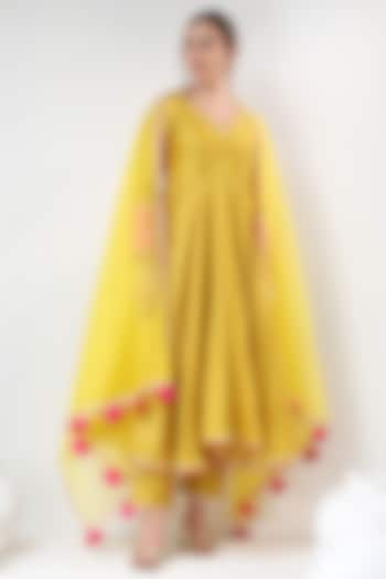 Yellow Cotton Silk Gota Work Anarkali Set by Pomcha Jaipur at Pernia's Pop Up Shop