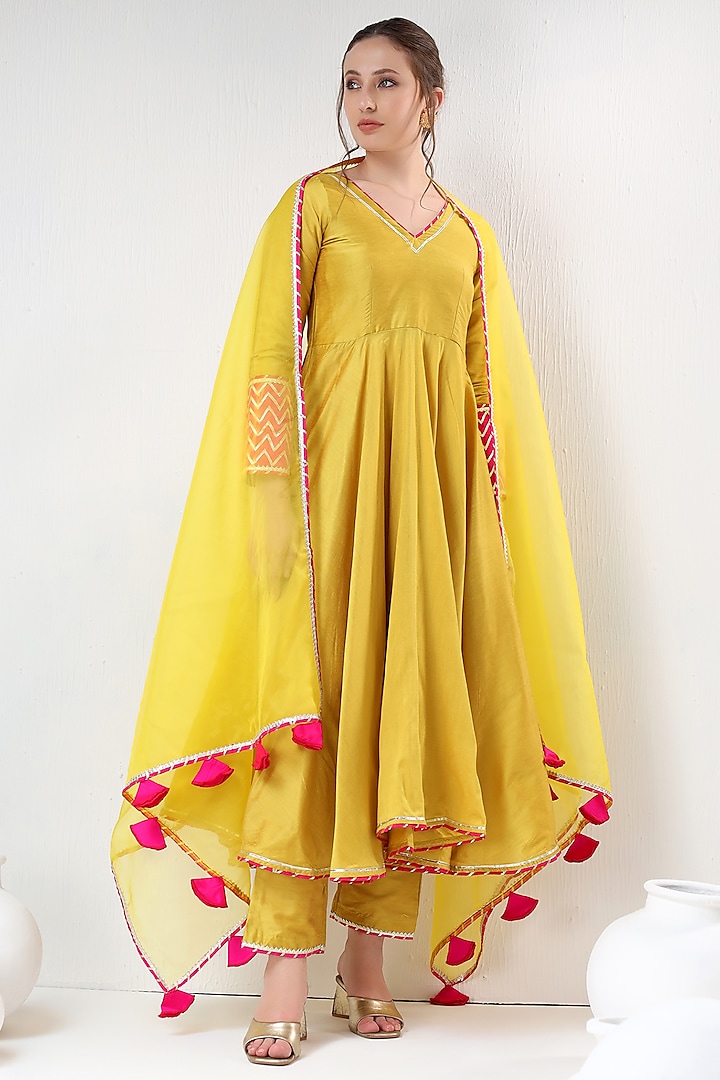 Yellow Cotton Silk Gota Work Anarkali Set by Pomcha Jaipur at Pernia's Pop Up Shop