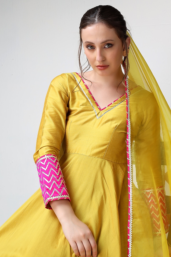 Yellow Cotton Silk Gota Work Party Wear Anarkali Set by Pomcha Jaipur at Pernia's Pop Up Shop
