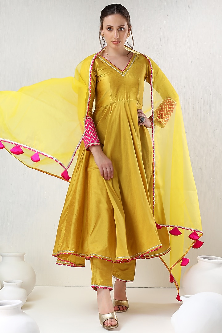 Yellow Cotton Silk Gota Work Party Wear Anarkali Set by Pomcha Jaipur at Pernia's Pop Up Shop