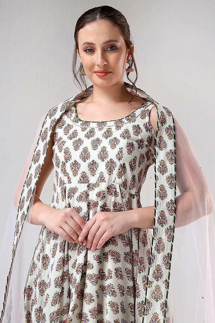 White Cotton Gota Work & Hand Block Printed Anarkali Set by Pomcha Jaipur at Pernia's Pop Up Shop