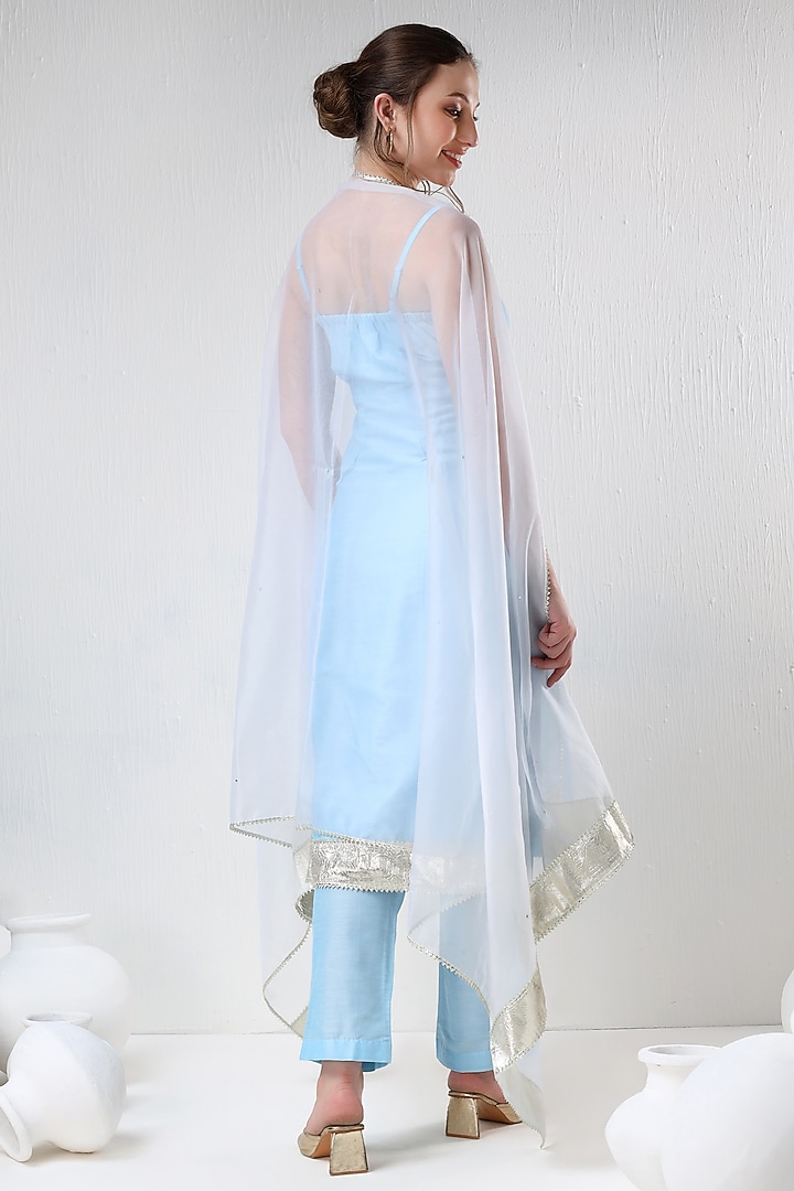 Aqua Blue Cotton Silk Gota Lace Embroidered Kurta Set by Pomcha Jaipur at Pernia's Pop Up Shop