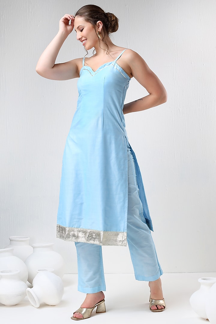 Aqua Blue Cotton Silk Gota Lace Embroidered Kurta Set by Pomcha Jaipur at Pernia's Pop Up Shop