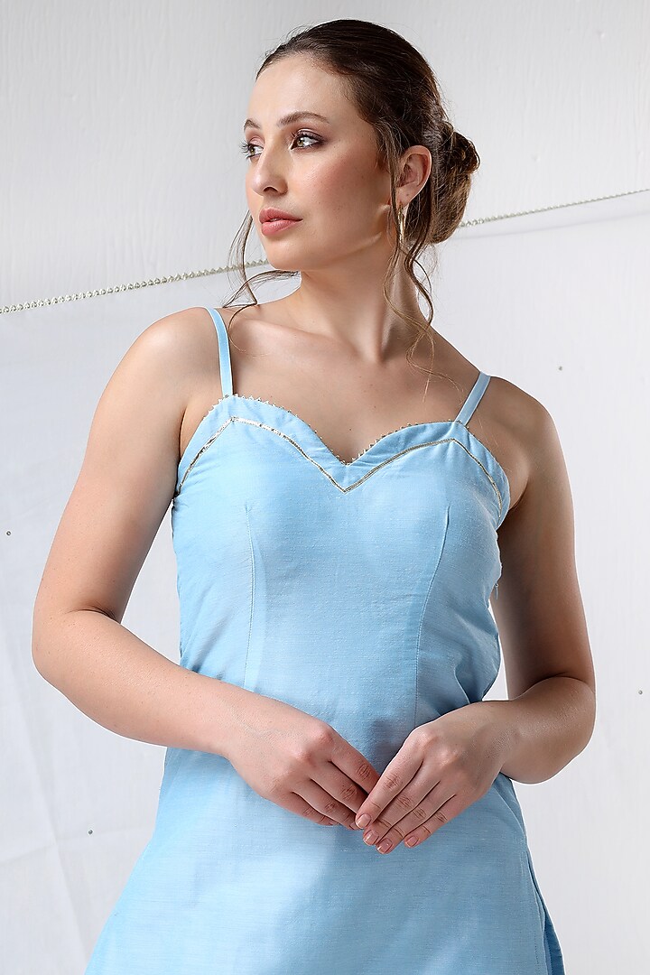 Aqua Blue Cotton Silk Gota Lace Embroidered Kurta Set by Pomcha Jaipur at Pernia's Pop Up Shop