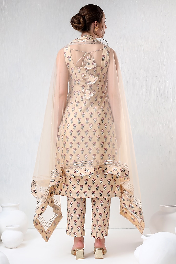 Beige Cotton Gota Embroidered & Printed Kurta Set by Pomcha Jaipur at Pernia's Pop Up Shop