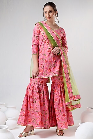 Pink Cotton Floral Printed Sharara Set by Pomcha Jaipur