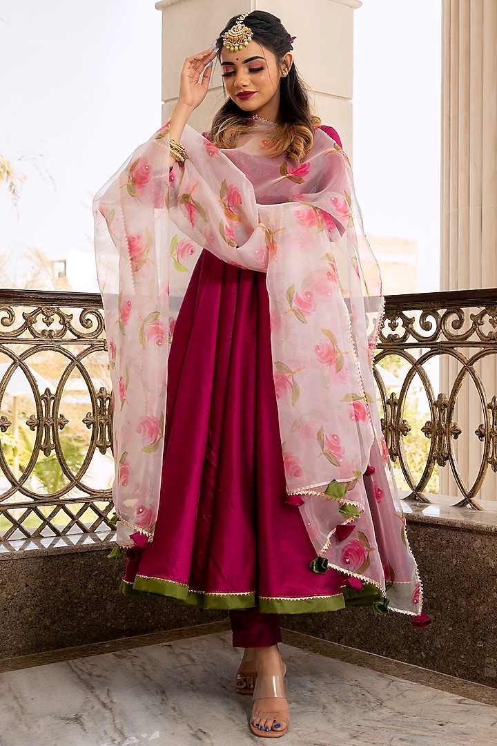 Magenta Cotton Silk Anarkali Set by Pomcha Jaipur