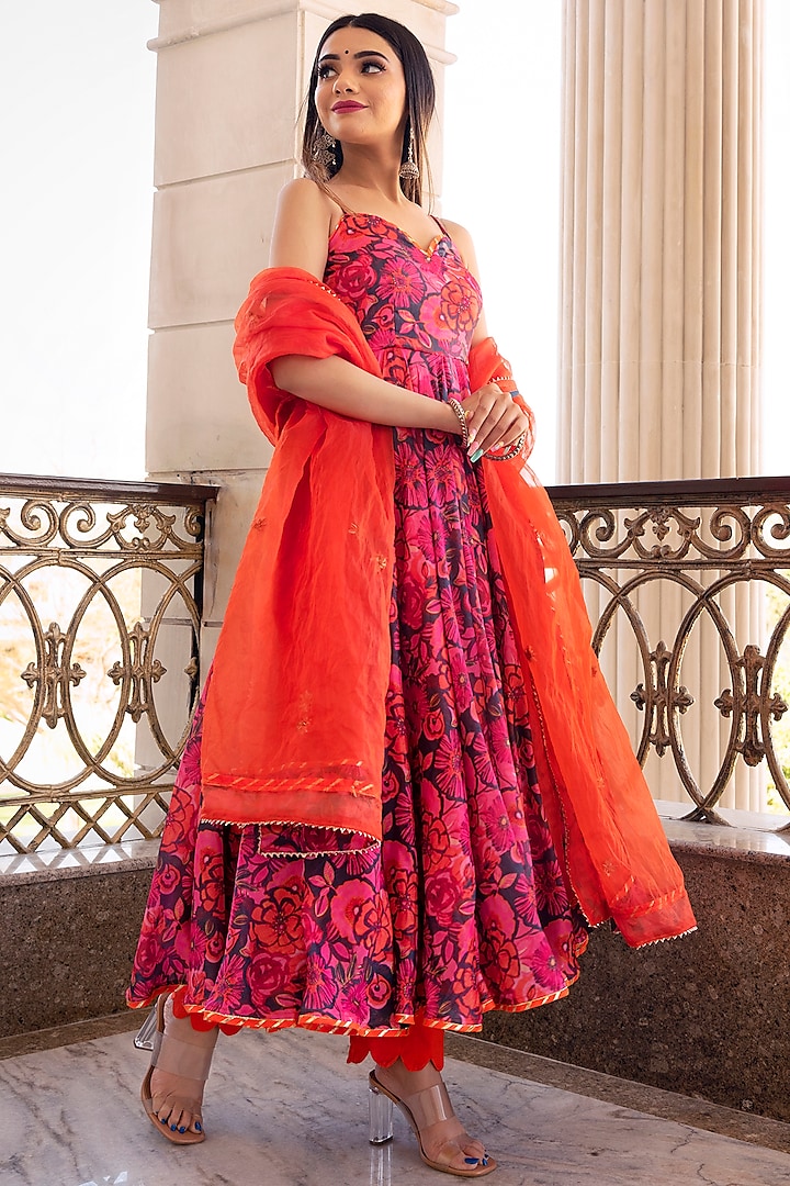 Orange Embellished & Printed Anarkali Set by Pomcha Jaipur